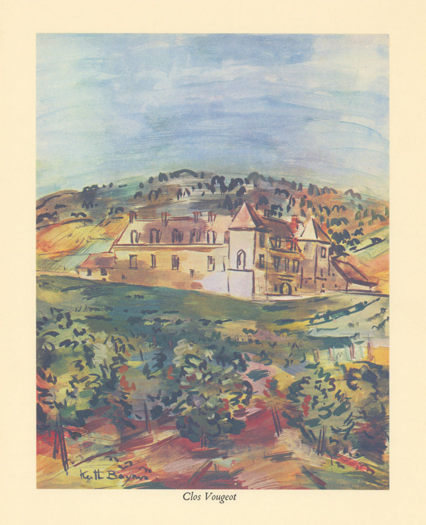Clos Vougeot & vineyards by Keith Baynes. Côte-d'Or Burgundy 1950 old print